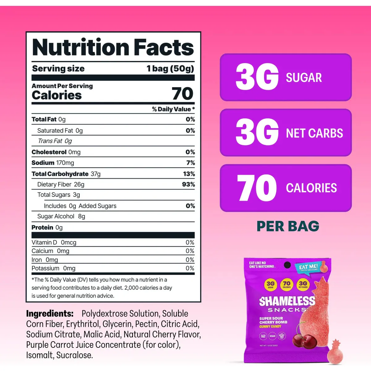 Shameless Snacks - Gummy Candy - Super Sour Cherry Bomb - 50g - Image 2