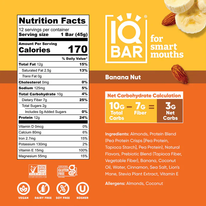 IQBAR - Vegan and Keto Protein Bars - Banana Nut - 45g - Image 2