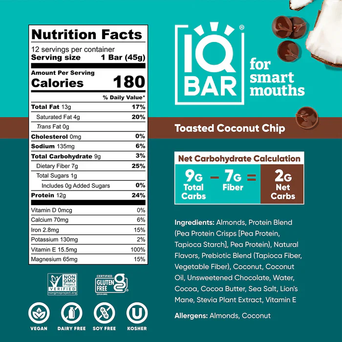 IQBAR - Vegan and Keto Protein Bars - Toasted Coconut Chip - 45g - Image 2