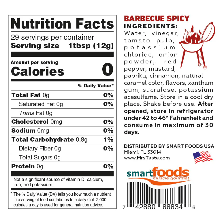 Mrs Taste - Zero Calories Sauce - Spicy Barbecue - 10oz - Image 2