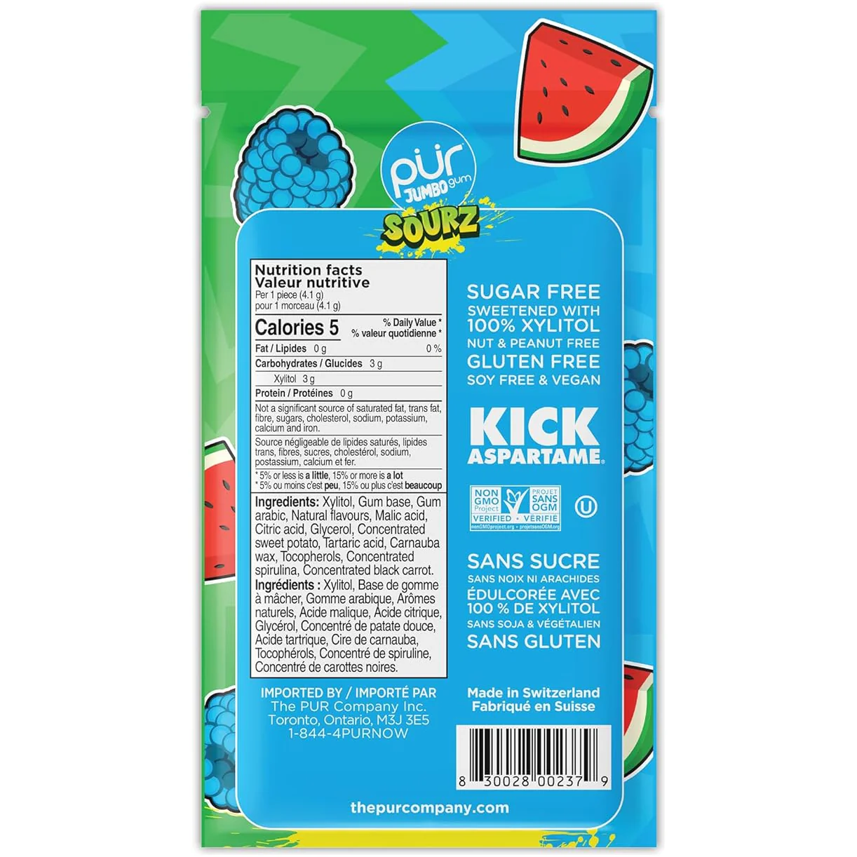 PUR - Jumbo Gum - Sourz Blue Raspberry & Watermelon - 81g - Image 2