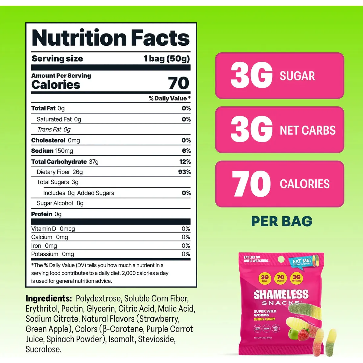 Shameless Snacks - Gummy Candy - Super Wild Worms - 50g - Image 2